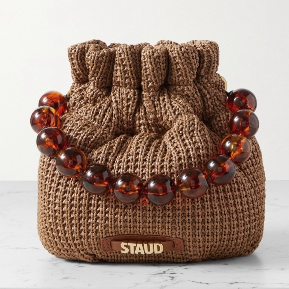 Staud Brown Woven Bag with Beaded Handle